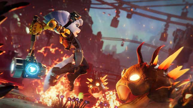 Rivet swinging a hammer at a dragon in ratchet and clank rift apart - best ps5 games