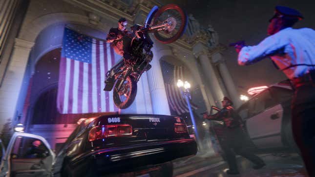 A screenshot of Black Ops 6, showing a character escaping the police by jumping a motorcycle over their vehicles.