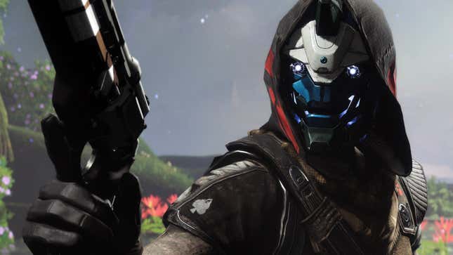 Cayde 6 holds up his gun while looking at someone off-camera.