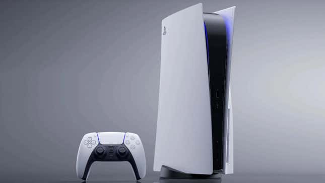 A DualSense controller stands next to a PS5.