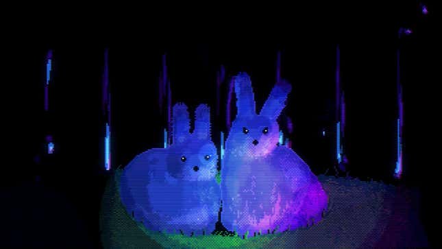 A screenshot from Animal Well shows two blue and purplish rabbits looking out at the viewer.