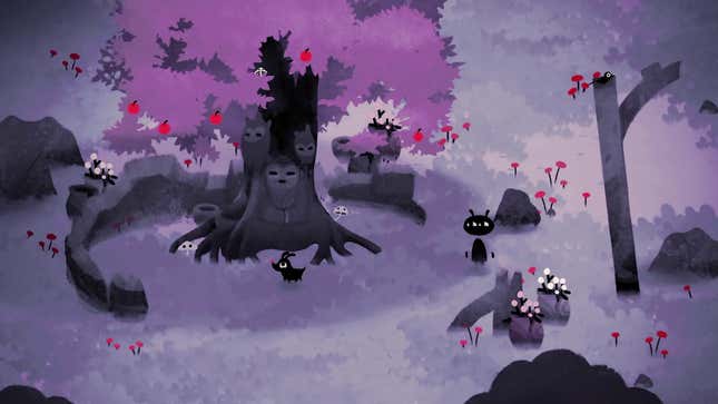 A black cat walks through a purple forest. 