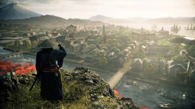 A samurai looks over a city.