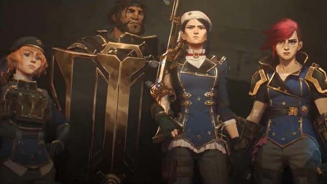 Caitlyn and Vi stand in a line up with two other characters all dressed in police uniforms