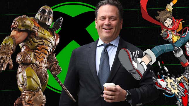 An image shows Phil Spencer next to the Doom Slayer, the Xbox logo, and a cartoon character. 