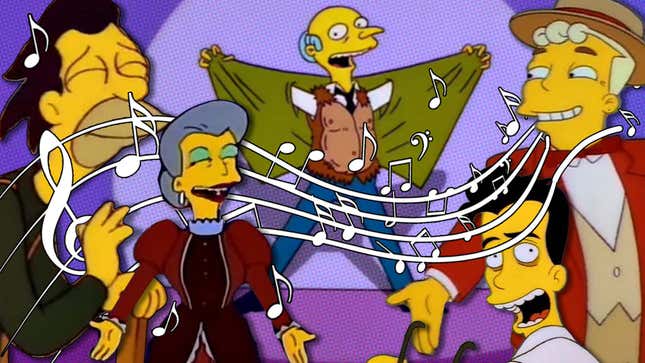 An image shows a collage of Simpsons characters surrounded by musical notes. 