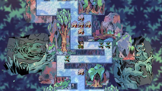 A small pixel art sprite navigates sliding puzzles. 