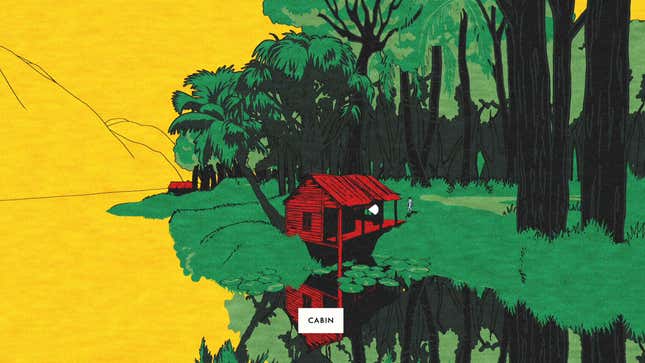 A green, red, and yellow image depicts trees, sand, and a house. 